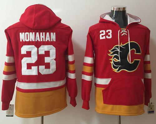 Flames #23 Sean Monahan Red Name & Number Pullover NHL Hoodie - Click Image to Close
